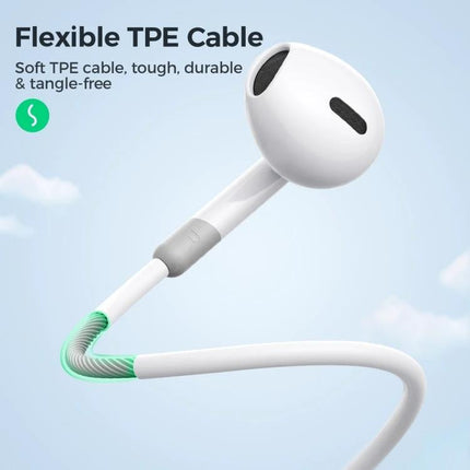Joyroom Semi In Ear Wired Earphones With 3.5mm Jack showing white semi-in-ear bud and flexible TPE cable