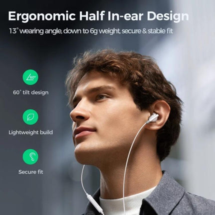 Joyroom Semi In Ear Wired Earphones With 3.5mm Jack showing ergonomic semi in-ear white earphones on man with inline mic and cable