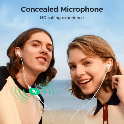 Joyroom Semi In Ear Wired Earphones With 3.5mm Jack worn by smiling young adults showing concealed microphone