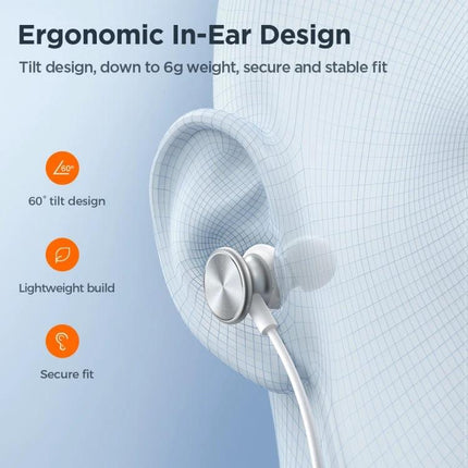 Joyroom Metal In Ear Wired Earphones With 1.2m Cable For Calls ergonomic metal in-ear design, 60° tilt, secure fit, 1.2m cable
