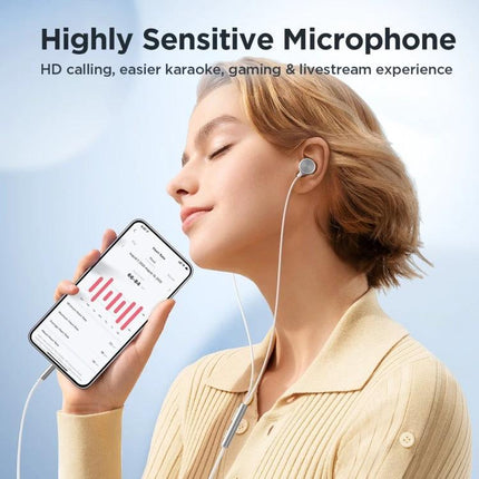Joyroom Metal In Ear Wired Earphones With 1.2m Cable For Calls shown worn with smartphone for calls and music