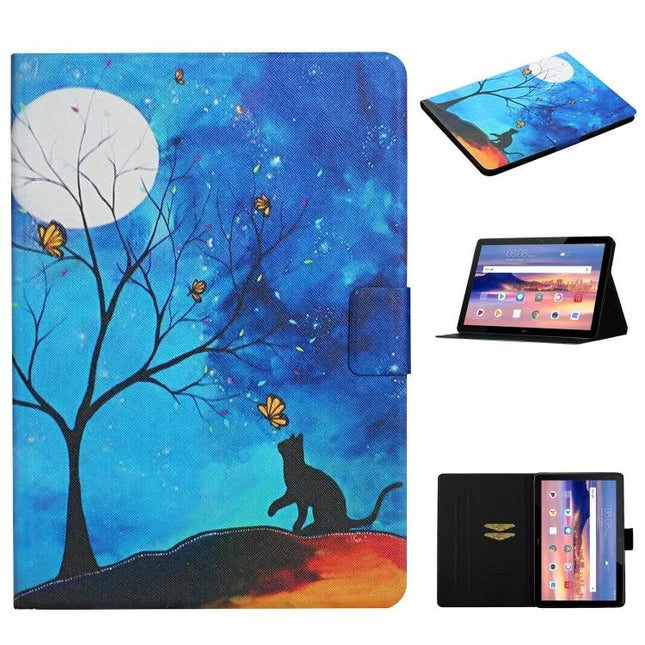 Leather Protective Case with Flip Stand and Card Slots for Tablets with blue moon cat tree artwork, hands-free stand and card pockets