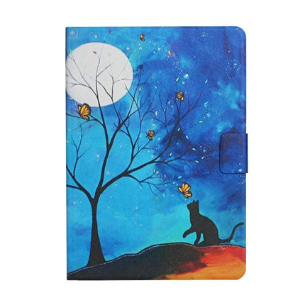 Leather Protective Case with Flip Stand and Card Slots for Tablets featuring blue moonlit cat and tree design