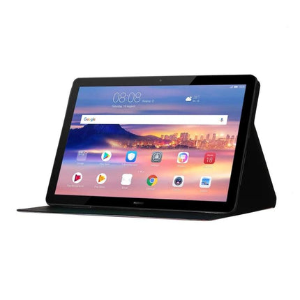 Leather Protective Case with Flip Stand and Card Slots for Tablets shown propped in hands-free viewing position with card pocket