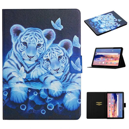 Leather Protective Case with Flip Stand and Card Slots for Tablets featuring blue tiger cubs design, hands-free stand and card slots
