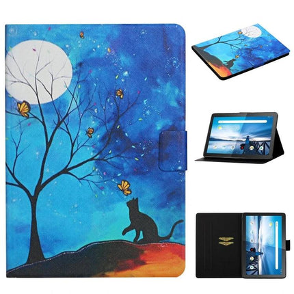 Leather Protective Case with Flip Stand and Card Slots for Tablets featuring blue moonlit cat and butterfly art