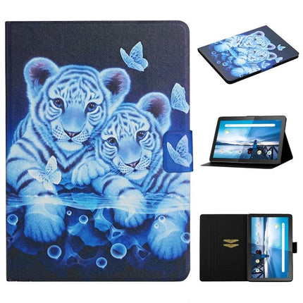 Leather Protective Case with Flip Stand and Card Slots for Tablets - Blue Tiger Cubs Design, Hands-Free Stand and Card Pockets