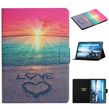 Leather Protective Case with Flip Stand and Card Slots for Tablets showing sunset beach love design and hands-free viewing
