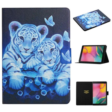 Leather Protective Case with Flip Stand and Card Slots for Tablets featuring blue tiger cubs artwork, stand function and card pockets