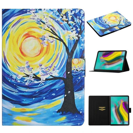 Leather Protective Case with Flip Stand and Card Slots for Tablets featuring blue yellow painted tree design for hands-free viewing and card storage