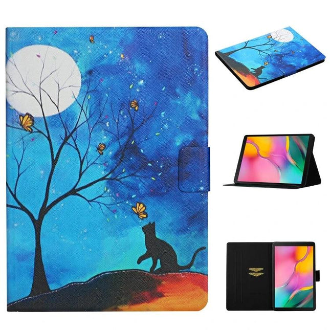 Leather Protective Case for Samsung Galaxy Tab A 10.1 with Holder - blue moon cat design, card slots, folding stand