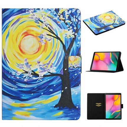 Leather Protective Case for Samsung Galaxy Tab A 10.1 with Holder featuring blue yellow sun tree painting and card slots, stand for horizontal viewing