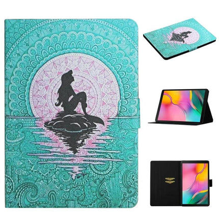 Leather Protective Case for Samsung Galaxy Tab A 10.1 with Holder - Teal Mermaid Mandala Design, Card Slots, Stand