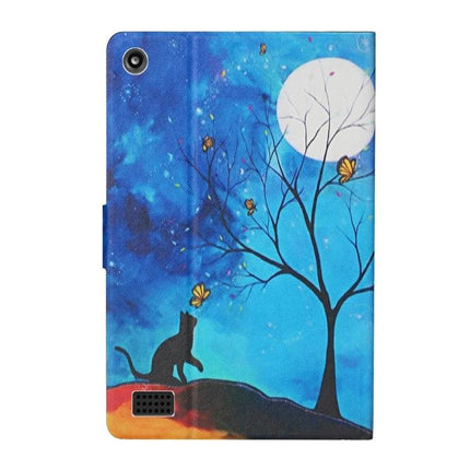 Leather Case with Holder and Card Slots for Kindle Fire Tablet featuring blue moonlit cat and butterfly art cover