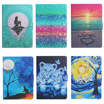 Leather Case with Holder and Card Slots for Kindle Fire Tablet - Assorted colorful printed folio covers with mermaid, glitter, beach, moon, tigers, and swirled tree designs
