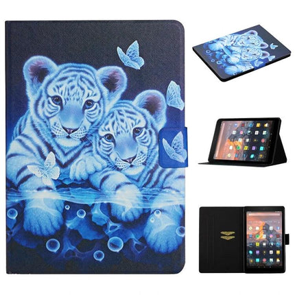 Leather Case with Holder and Card Slots for Kindle Fire Tablet with blue tiger cubs design and stand function