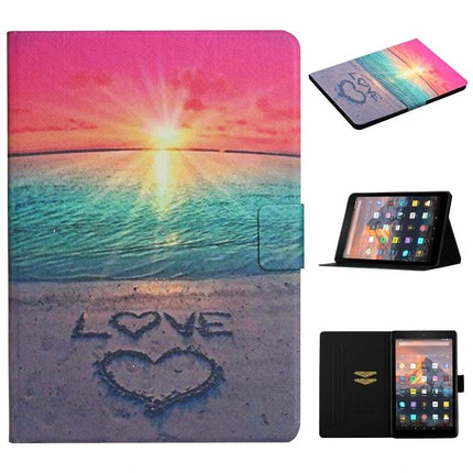 Leather Case with Holder and Card Slots for Kindle Fire Tablet with sunset beach love design, card slots and stand
