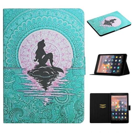 Leather Case with Holder and Card Slots for Kindle Fire Tablet - teal mermaid design protective folio with stand and card pockets