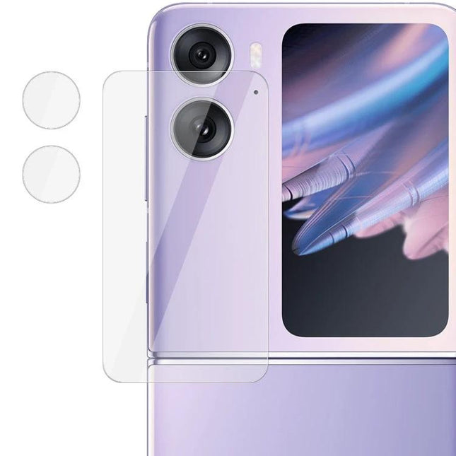 Imak Tempered Glass Camera and Screen Protector For OPPO Find N2 Flip shown on purple OPPO Find N2 Flip protecting display and dual camera lenses