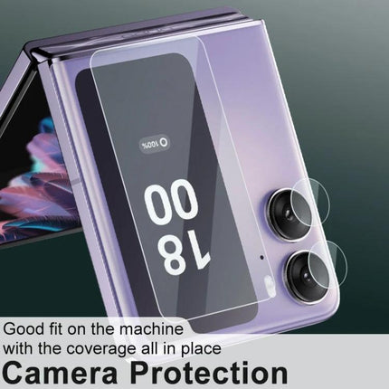 Imak Tempered Glass Camera and Screen Protector For OPPO Find N2 Flip showing clear camera and display coverage on purple folded phone