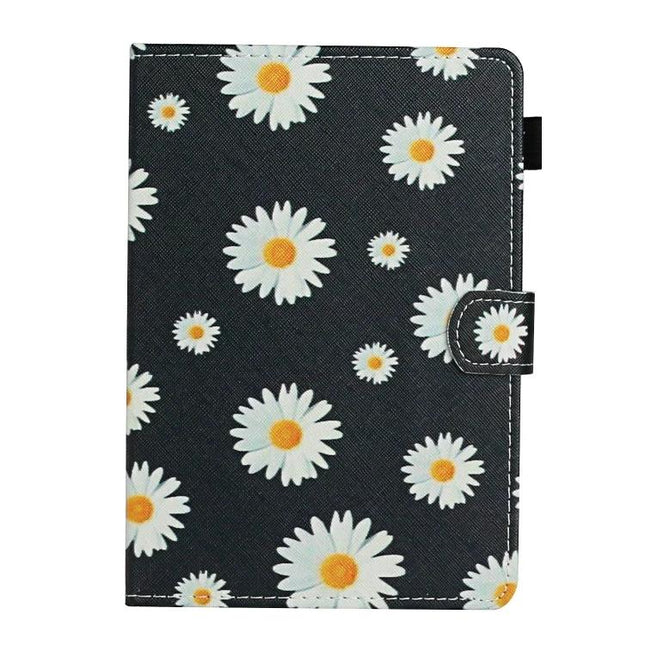 Horizontal Flip Flower Pattern Leather Case for Tablets with Card Slots in black daisy print, protective horizontal flip cover with card slots