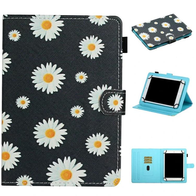 Horizontal Flip Flower Pattern Leather Case for Tablets with Card Slots - black daisy print folio with card slots and tablet stand