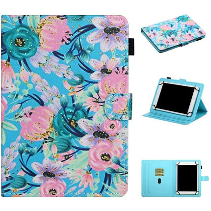 Horizontal Flip Flower Pattern Leather Case for Tablets with Card Slots showing turquoise floral print, card slots and foldable stand