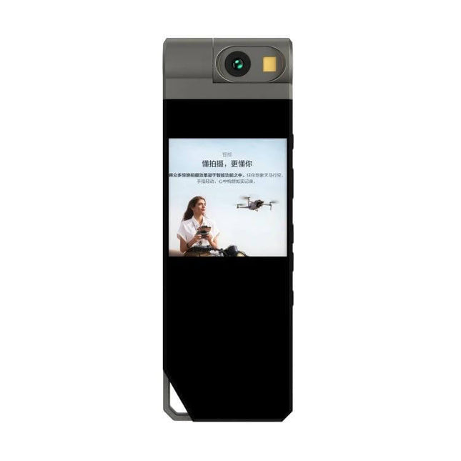 Mini Portable Video Camera for On-the-Go Recording shown front view with lens, aluminum alloy body, and touchscreen display
