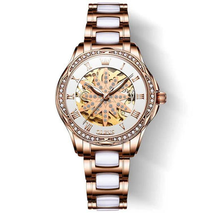 OLEVS Women's Hollow Design Waterproof Daily Watch rose gold double-sided hollow dial with crystal bezel and ceramic links