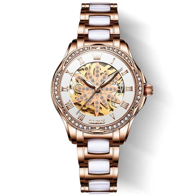 OLEVS Women's Hollow Design Waterproof Daily Watch rose gold double-sided hollow dial with crystal bezel and ceramic links