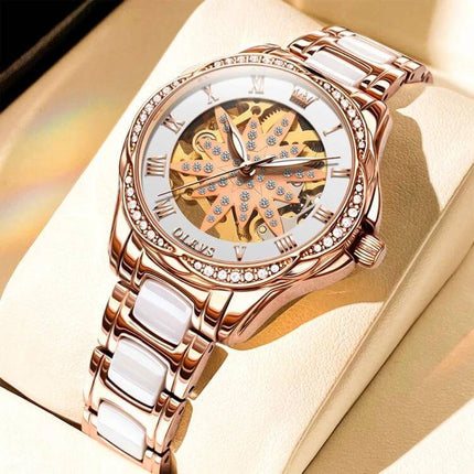 OLEVS Women's Hollow Design Waterproof Daily Watch rose gold double-sided hollow dial with crystals and ceramic links