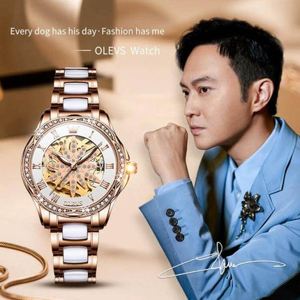 OLEVS Women's Hollow Design Waterproof Daily Watch showcased in rose gold with double-sided hollow dial and 30m waterproof for everyday wear