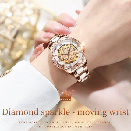 OLEVS Women's Hollow Design Waterproof Daily Watch on wrist, rose gold double-sided hollow quartz with diamond accents
