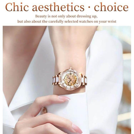 OLEVS Women's Hollow Design Waterproof Daily Watch rose gold double-sided hollow quartz watch on woman's wrist, 30m waterproof, chic aesthetics