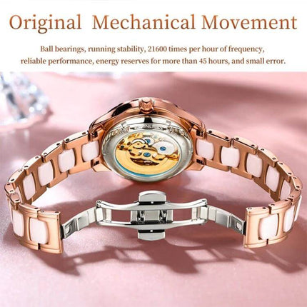 OLEVS Women's Hollow Design Waterproof Daily Watch rose gold double-sided hollow case showing mechanical movement and 30m waterproof everyday style