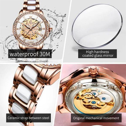OLEVS Women's Hollow Design Waterproof Daily Watch showing double-sided hollow movement, 30M waterproof, ceramic strap and coated glass