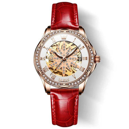 OLEVS Women's Hollow Design Waterproof Daily Watch with red leather strap, rose gold skeleton dial and crystal bezel