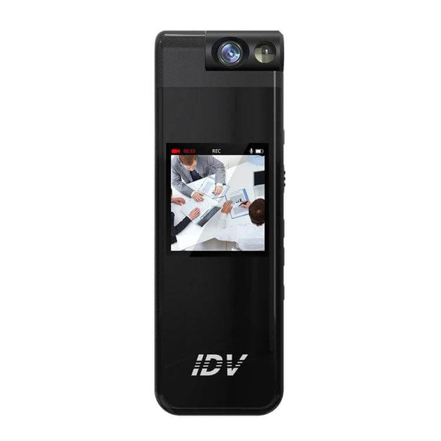 iDV L13 Portable Mini Video and Audio Recorder for Everyday Use compact black recorder with screen showing meeting