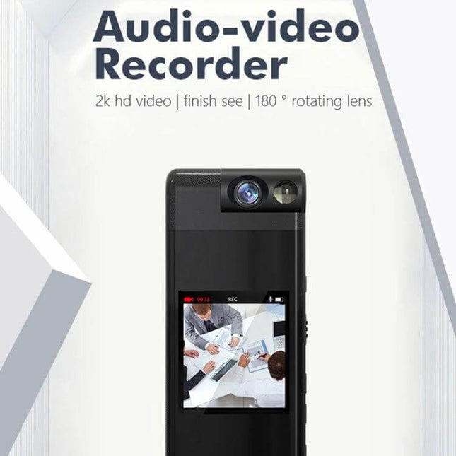 iDV L13 Portable Mini Video and Audio Recorder for Everyday Use compact 2K recorder with 180° rotating lens shown capturing a meeting