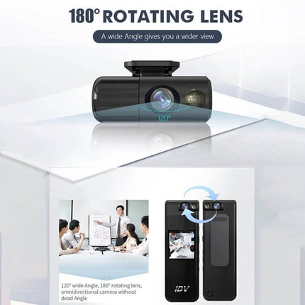 iDV L13 Portable Mini Video and Audio Recorder for Everyday Use showing 180° rotating lens and 2K portable recorder in meeting use