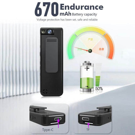 iDV L13 Portable Mini Video and Audio Recorder for Everyday Use showing 670mAh battery, Type-C port and TF slot