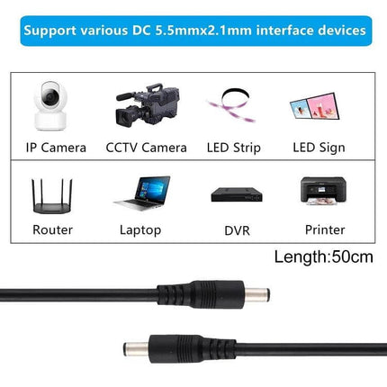 DC Power Connector Cable with 5.5 x 2.1mm Male Ends for Devices - 50cm TPE PVC cable for routers, IP cameras, LED strips, DVRs