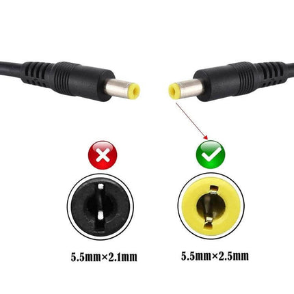 DC Power Plug Male to Male Adapter Cable for Device Connections showing correct 5.5mm×2.5mm yellow-tipped connector and incompatible 5.5mm×2.1mm example