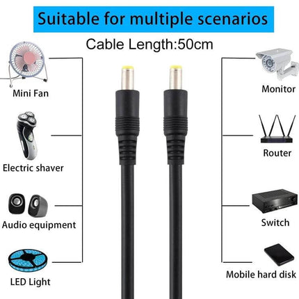 DC Power Plug Male to Male Adapter Cable for Device Connections - 50cm black cable with two male DC barrel connectors for electronics, routers, fans