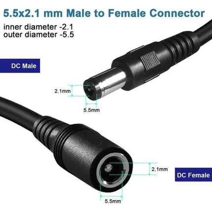 DC Power Extension Cable for Device Connections, Multiple Lengths - 5.5x2.1mm male to female DC connector cable for extending power to cameras and devices