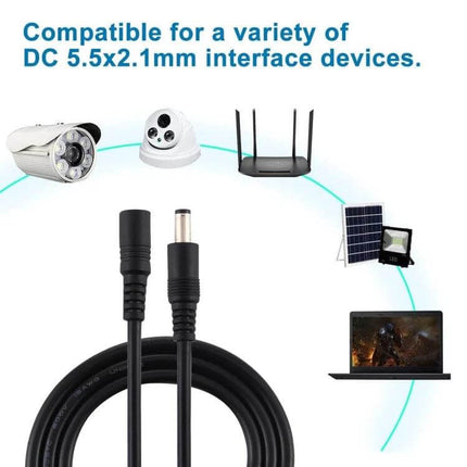 DC Power Extension Cable for Device Connections, Multiple Lengths - 5.5x2.1mm male to female cable shown with CCTV, router, solar light, laptop