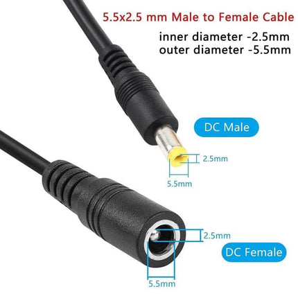 DC Power Extension Cable, Female to Male, 5.5mm x 2.5mm, 1.5m Length - black TPE/PVC cable with male and female DC connectors for CCTV and LED