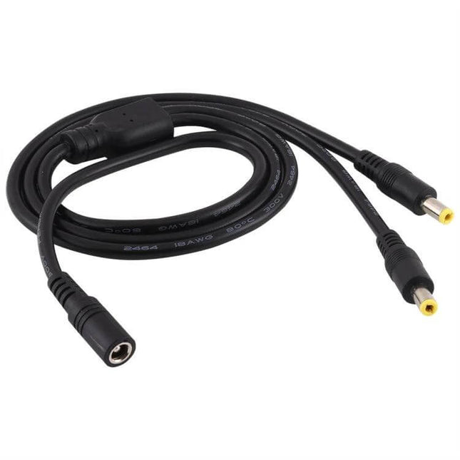 DC Power Splitter Cable for Dual Device Charging, 70cm Length - black DC splitter cable with one female to two male connectors for routers cameras LED lights