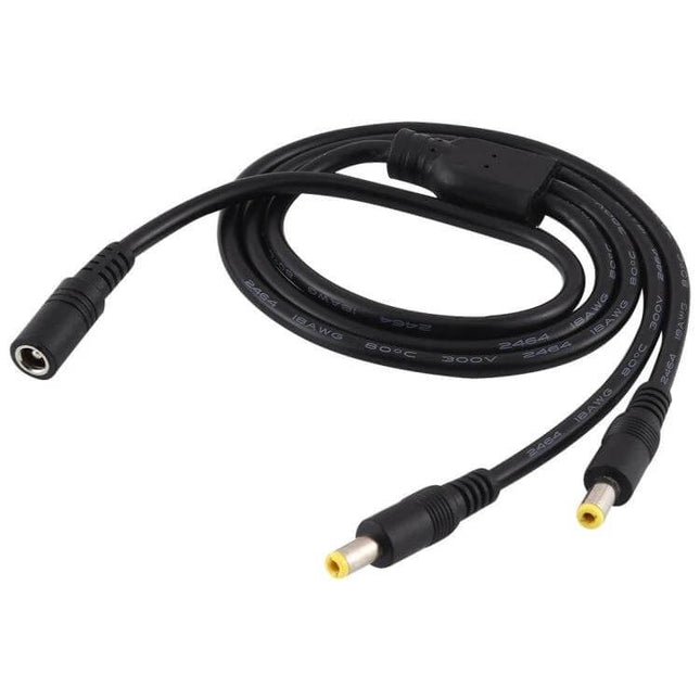 DC Power Splitter Cable for Dual Device Charging, 70cm Length - black 1-to-2 DC splitter cable with one female and two male connectors for routers cameras LEDs