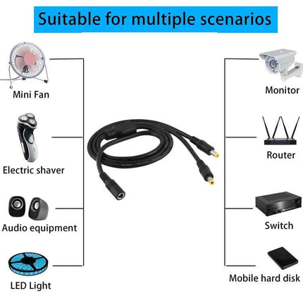 DC Power Splitter Cable for Dual Device Charging, 70cm Length - coiled cable powering routers, cameras, LED lights and fans